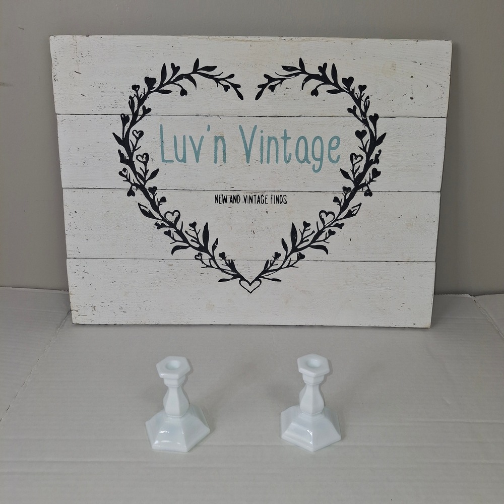 Pair of Vintage Tiara White Milk Glass Hexagon Candlesticks‎ Holders Set